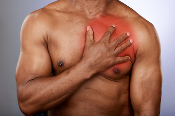 Image showing Heart attack, pain and black man with hand on chest in studio for heart health, medical care and stroke. Cardiology, healthcare and male holding torso with inflammation from cardiovascular disease