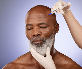 Image showing Face, senior black man and injection in studio isolated on a purple background. Retirement, plastic surgery or elderly male model with cosmetics, prp or filler for skincare, beauty and wellness