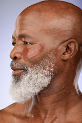 Image showing Face of senior model with collagen patch for facial hydration, anti aging routine or self care treatment. Skincare, spa salon and beauty profile of black man with hyaluronic acid under eye patches