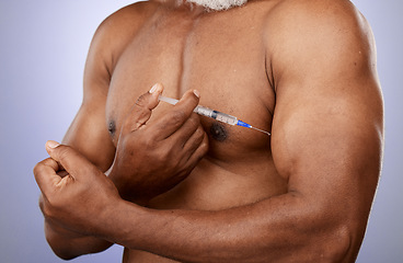 Image showing Fitness, steroids and black man with arm injection for biceps growth or muscle development in studio. Sports, supplements and elderly bodybuilder hand holding testosterone hormone chemicals or drugs