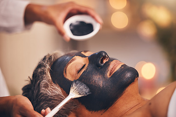 Image showing Spa, skincare wellness and charcoal face mask or woman relax for luxury cosmetics therapy. Beauty salon, healthy skin detox and luxury salon treatment, zen facial cleaning or holistic dermatology