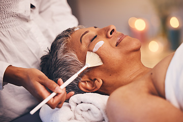 Image showing Facial, relax and senior woman at a spa for a wellness, health and skin treatment at a resort. Peace, calm and elderly lady doing a luxury anti aging face mask with a therapist at a zen beauty salon.
