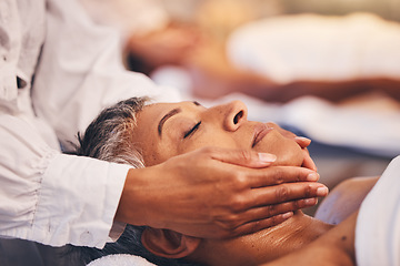 Image showing Face massage, woman and relax at spa for wellness, luxury cosmetology and zen cosmetics. Facial aesthetics, beauty salon and physical therapy for healthy skincare of mature lady with body dermatology