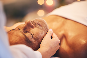 Image showing Spa, massage and face of a senior man on a table for health and wellness with physical therapy and skincare. Customer at beauty salon for facial, peace and zen treatment for healing and stress relief