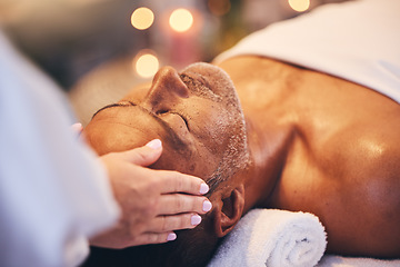 Image showing Hands, old man and head massage at spa for wellness, relax and health. Bokeh, peace and zen with elderly male on massage table with masseuse for stress relief, facial treatment or physical therapy.