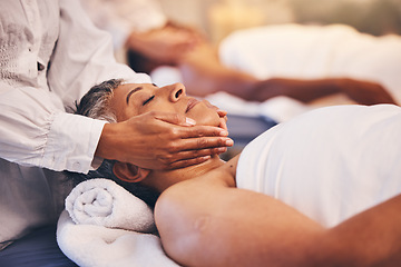 Image showing Spa, facial and massage of senior woman for peace, relaxation and wellness procedure lifestyle. Health, physical therapy and masseuse at luxury resort massaging client on salon treatment bed.