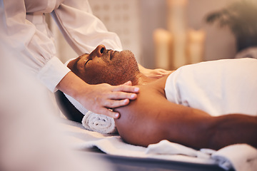 Image showing Spa, physiotherapy or hands massage old man to relax the body, mind or shoulders on a physical therapy table. Luxury, peace and zen masseuse helping a senior or elderly client with stress relief