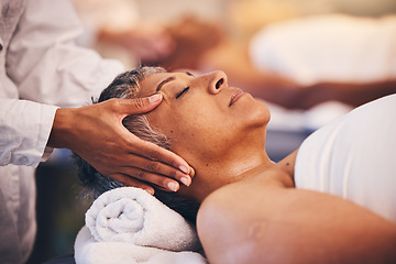 Image showing Face massage, relax and senior woman, spa wellness and sleeping during cosmetic therapy. Luxury hands, calm and masseuse with an elderly person at a hotel salon for care of body and sleep health