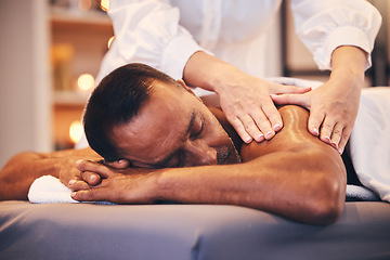 Image showing Spa, back massage and hands of therapist with oil for physical therapy, health and wellness on table. Patient man on table to relax, peace and luxury zen treatment at a beauty salon for stress relief