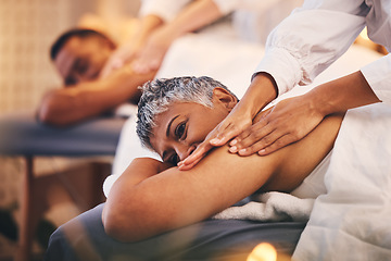 Image showing Spa, wellness and black couple getting massage to relax, enjoy romantic holiday, vacation and anniversary. Luxury treatment, beauty salon and senior man and woman with back massage for body wellness