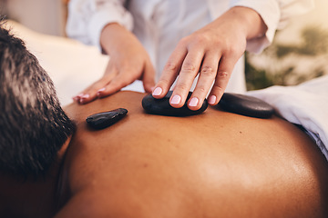 Image showing Hands, stone massage and relax therapy for skincare beauty or calm spa wellness. Physical therapy, luxury zen healthcare and hot rock healing or natural body detox in beauty salon for stress relief
