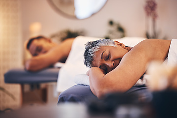 Image showing Mature couple, massage or spa date in relax hotel salon, healthcare wellness clinic or skincare beauty retreat. Woman, man or lying customer in aromatherapy treatment, stress management or self care