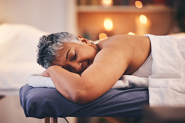 Image showing Spa sleeping, relax and senior woman on holiday, luxury massage and body therapy at a hotel. Sleep wellness, retirement cosmetics and elderly person with care for skin, peace and calm on vacation