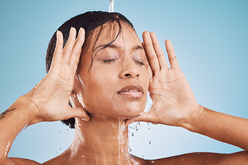 Image showing Beauty, face and black woman in shower with water for skincare and hygiene, skin hydration and facial with treatment for grooming. Clean, cosmetics and skin care with hands frame, washing and fresh.