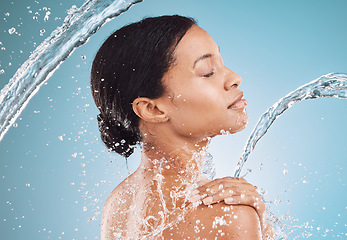 Image showing Water, splash and clean beauty with black woman profile and skincare, wellness with hydration and hygiene in blue background mockup. Skin, face and cleaning body with natural cosmetics and self care.