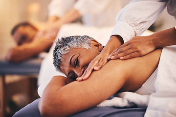 Image showing Couple at spa for massage, therapist hands and relax, wellness and holistic health with peace, zen and skincare. Beauty salon, luxury service with treatment and body care for calm and stress relief.