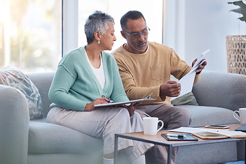 Image showing Finance, documents and senior couple on sofa with bills, paperwork and insurance checklist in home, life or asset management, Elderly black people on couch with financial, retirement or mortgage debt