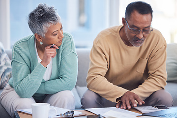 Image showing Finance, insurance and senior couple with documents, planning tax and home budget with a laptop. Ecommerce, strategy and elderly man and woman banking during retirement online with pension savings