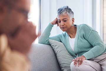 Image showing Senior couple, angry and divorce in home with sad cheating, marriage problem and ignore. Elderly man, woman and relationship conflict break up with infidelity secret confession and trust issue