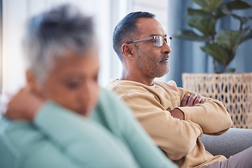 Image showing Marriage problem, divorce and couple angry after fight, senior man with anger and woman sad with relationship crisis. Frustrated with difficult communication, partnership breakdown and stress at home