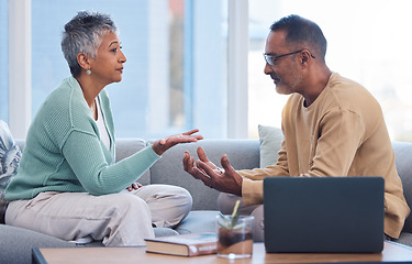 Image showing Stress, marriage and mature couple fight or argue on living room sofa, debt and finance problem at home. Fintech, retirement and old couple in argument on couch, relationship and financial conflict.