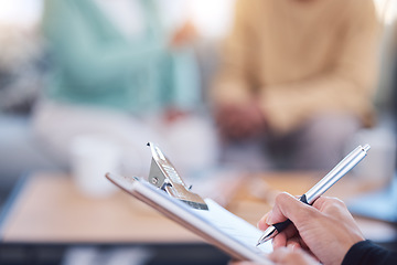 Image showing Hand, documents and writing with an insurance broker meeting with a couple to discuss savings or investment. Budget, retirement and pension with a finance agent in discussion or planning for future