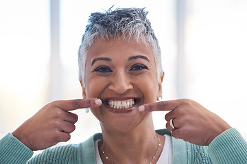 Image showing Senior woman, smile and hands for teeth wellness or happy for healthy cleaning care. Elderly person, happiness portrait and dental healthcare or cosmetic facial care, tooth whitening and oral hygiene