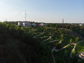 Image showing Aerial top vew of winding road in the city