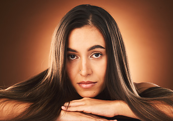 Image showing Hair, face and woman in hair care and beauty portrait with keratin treatment, shine and glow with healthy skin and skincare mockup. Hairstyle, facial and cosmetics with natural makeup and wellness.