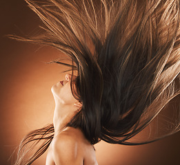 Image showing Beauty, hair and freedom with a model woman in studio on a brown background for strong haircare. Wellness, luxury and salon with an attractive young female hair flick to promote a keratin product