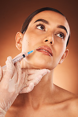 Image showing Beauty, face and injection from doctor doing collagen lips treatment for cosmetic change. Plastic surgery, lip filler and skincare for youth, dermatology and skin care of a young woman with glow