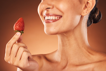 Image showing Strawberry, skincare and studio woman for beauty, cosmetics and lipstick color promotion, advertising or marketing. Smile, teeth and health model with fruit for vegan dermatology benefits or results