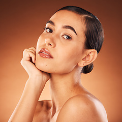 Image showing Skincare, beauty and portrait of a woman in studio for cosmetics, makeup and wellness glow or shine promotion. Young face, skin care and girl model in a headshot for aesthetic or dermatology results