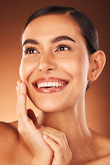 Image showing Skincare, beauty and face of model in studio with lipstick or lip gloss on mouth after grooming with cosmetics product. Smile, girl or happy woman with self love or facial makeup in self care routine