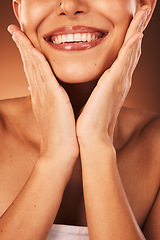 Image showing Lips, teeth and beauty woman in studio for cosmetics, makeup and dental or dentist promotion of wellness, skincare and health. Happy mouth, smile and teeth whitening results or lip filler of a model