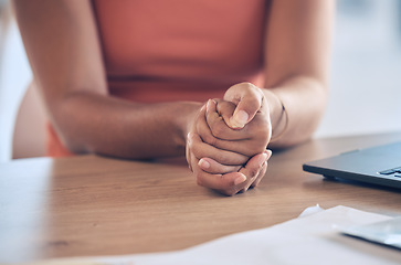 Image showing Anxiety, depression and hands of black woman with stress, abuse trauma or secret domestic violence at a counseling table. Sad, scared or depressed young girl in pain or fear from rape or sexual abuse