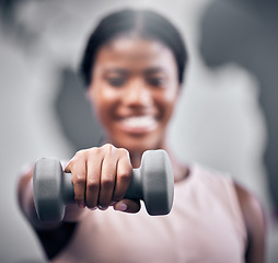 Image showing Weights, fitness and black woman training at gym, body motivation and muscle exercise. Sports hand, weightlifting and portrait of an African athlete with health workout, power and strong cardio