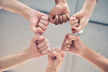 Image showing Motivation, teamwork group or collaboration fist bump for trust, goal and success support below. Zoom workers hands, team building and growth commitment mission, winner vision or solidarity together