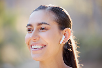 Image showing Earphones, woman and fitness with music in nature environment, happy smile or listen to podcast. Athlete portrait, happy runner or sports female with workout, training or exercise outdoor in forest