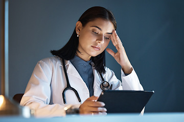 Image showing Headache, doctor and work tablet stress of a healthcare, hospital and nurse worker looking at data. Burnout, tired and anxiety of a woman employee thinking and working on online surgery planning