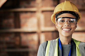 Image showing Engineering, portrait and woman construction worker on site working on a renovation project. Face, smile and happy industrial manager or contractor doing maintenance or remodeling on a building.