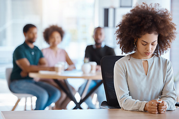 Image showing Work burnout, anxiety and mental health with woman, sad worker, problem or fail at company with depression from staff office gossip. Tired employee, thinking of mistake with life and stress with job.