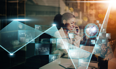 Image showing Black business woman, phone or cloud computing hologram for futuristic 5g UX technology, networking analytics or big data strategy. Network, iot or digital information for big data or stock market