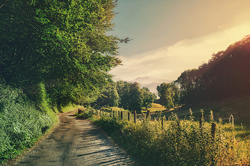 Image showing Landscape, countryside path and dirt road at sunrise in agriculture environment, sustainability nature or nature landscape. Earth field, sunset sky and grass plant growth in calm, peace or zen France