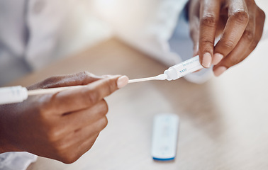 Image showing Healthcare, compliance and covid test by woman using rapid results testing kit at home. Closeup of hands holding a swab, corona and virus risk by female taking care and safety steps alone in house