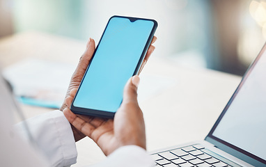 Image showing Telehealth doctor, green screen mockup and phone for virtual internet consulting, healthcare clinic advice and medical help service. Hospital worker hands, online test mobile results and app planning