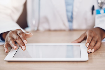 Image showing Telehealth, tablet and software management doctor hands working on digital app for medical insurance and online innovation communication. Paperless healthcare black woman typing information on an app