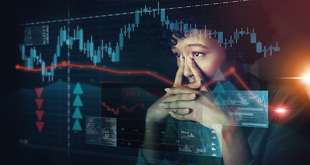 Image showing Stock market, cloud computing or woman with stress doing analysis on futuristic graphic hologram. Stress, mistake or financial stocks glitch on future trading overlay system with 5g network in office