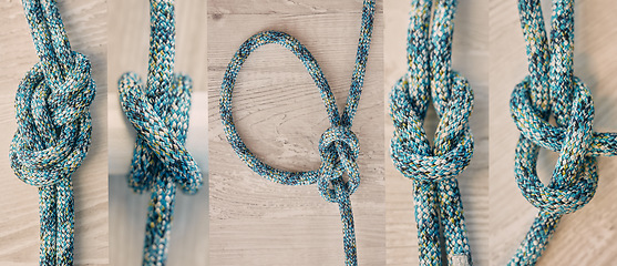 Image showing Collage, rope and knot with different knots on a wooden background from above. Tied, tying and secure with ropes in studio for hiking, boating or keeping things safe and secure in studio