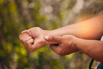 Image showing Man, arm pain and abstract injury on sports workout, wellness exercise and health training in forest. Zoom on hands, fitness stress and medical emergency or burnout accident in nature hiking workout